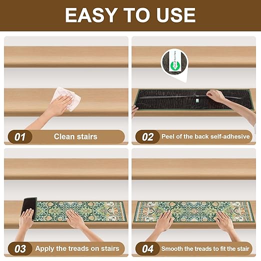 Non Slip Stair Treads for Wooden Steps Indoor, Green, 15pcs, 30"X8", Soft Carpet Mat, Machine Washable Boho Carpet Treads with Reusable Adhesive Backing, Safety Stair Tread for Dogs, Kids, Elders