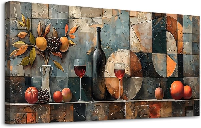 KELIYUAN Large Canvas Wall Decor For Kitchen Wall Art For Living Room Dining Room Decorations Wine Glass Painting Still Life Abstract Picture Artwork Pub Wall Mural Posters Home Decor 24"x48"