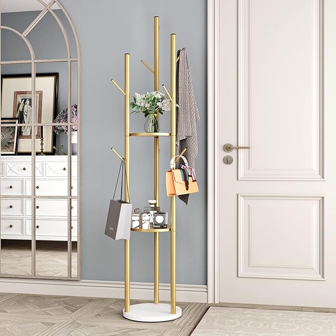 Metal Gold Coat Racks Freestanding, Coat Hanger Stand, Hall Tree Rack for Hanging Hats, Scarves, Bags, Modern Coat Rack with Double Shelves, Corner Coat Rack, 9 Hooks, Gold