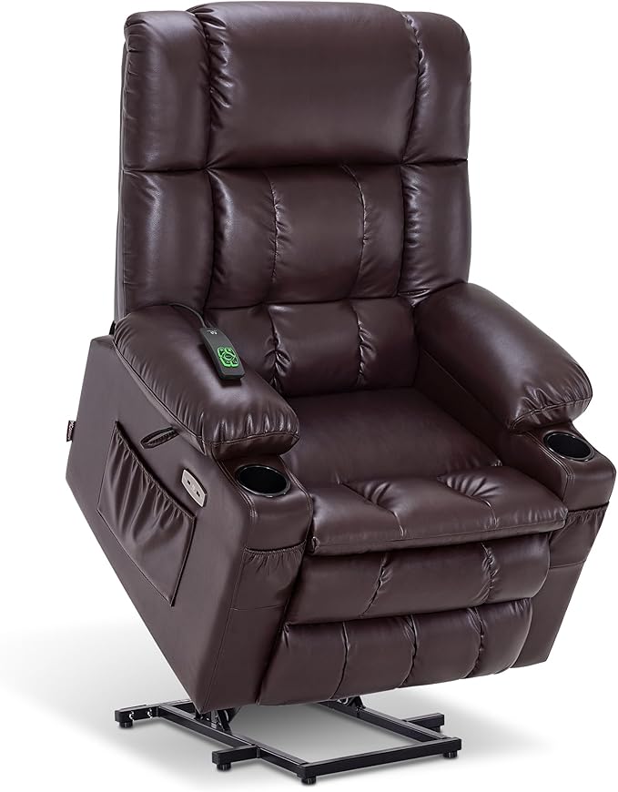 MCombo Dual Motor Large Power Lift Recliner Chair for Elderly, Lay Flat Lift Chair with Heat and Massage, Big Lift Recliner for Tall People, Faux Leather 7896 (Dark Brown, Large)
