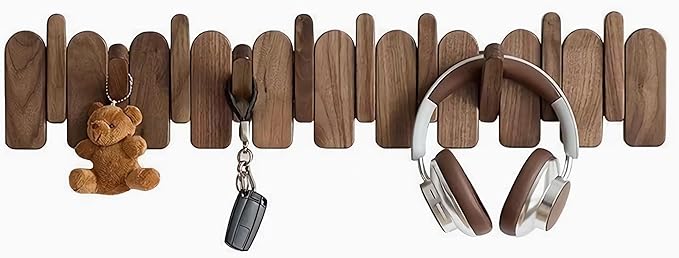 Wall Mounted Piano Key Hanger | Flip Style Hook | Entrance Wall Art Hook, Made of Oak Wood (3 Times Painted, 4 Times Polished) (Arc Walnut, 4Hooks)