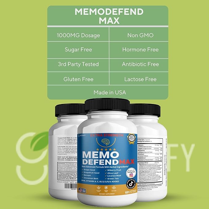Memo Defend Max Memory Support Supplement, 60 Capsules, with Vitamins A C D E B Complex, DHA, Bacopa, Grapefruit Seed (5)
