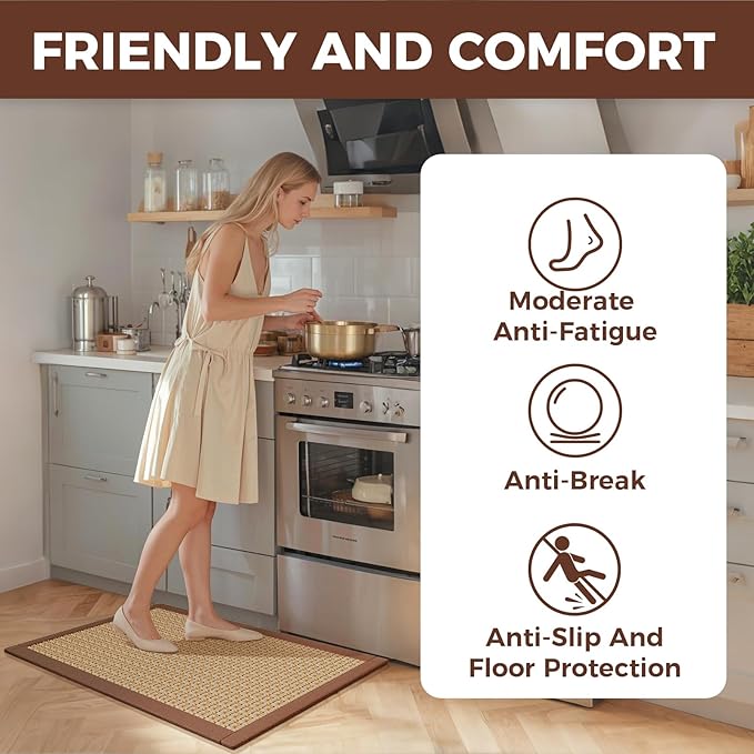 Kitchen Rugs Mat Non Slip Washable, 0.4" Thick Anti Fatigue Cushioned Kitchen Mats for Floor, Absorbent Jute-Look Kitchen Runner Rug Sink Mat Laundry Standing Mats, Easy Clean, Brown 17"x47"