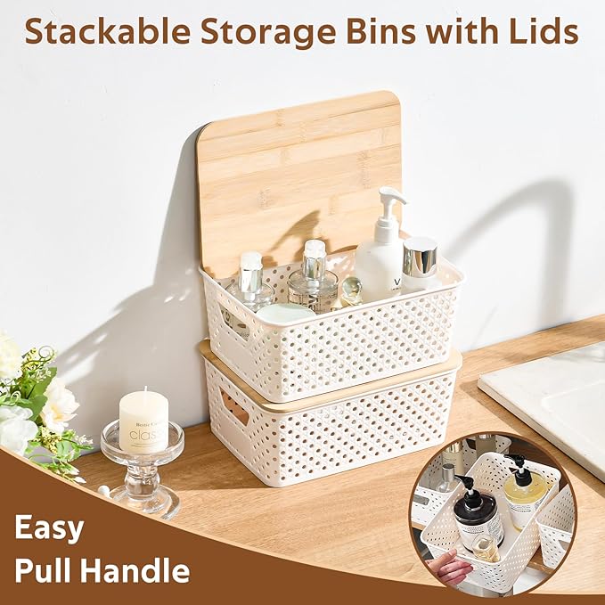8 Pack Plastic Storage Bins with Bamboo Lids - Stackable Storage Baskets with Handle for Pantry Organizer and Storage, Plastic Containers Bins for Kitchen Bathroom Classroom Office Shelves
