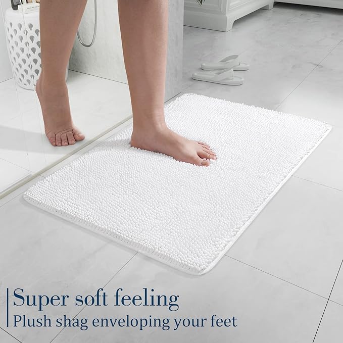 LOCHAS Luxury Bathroom Rug Shaggy Bath Mat 24 x 17 Inch, Washable Non Slip Bath Rugs for Bathroom Shower, Soft Plush Chenille Absorbent Carpets Mats, White
