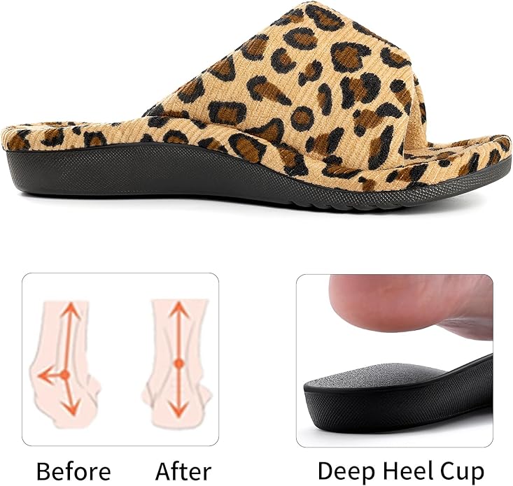 Litfun Orthopedic House Slippers for Women Adjustable Arch Support Indoor Slippers Open Toe Corduroy Bedroom Shoes