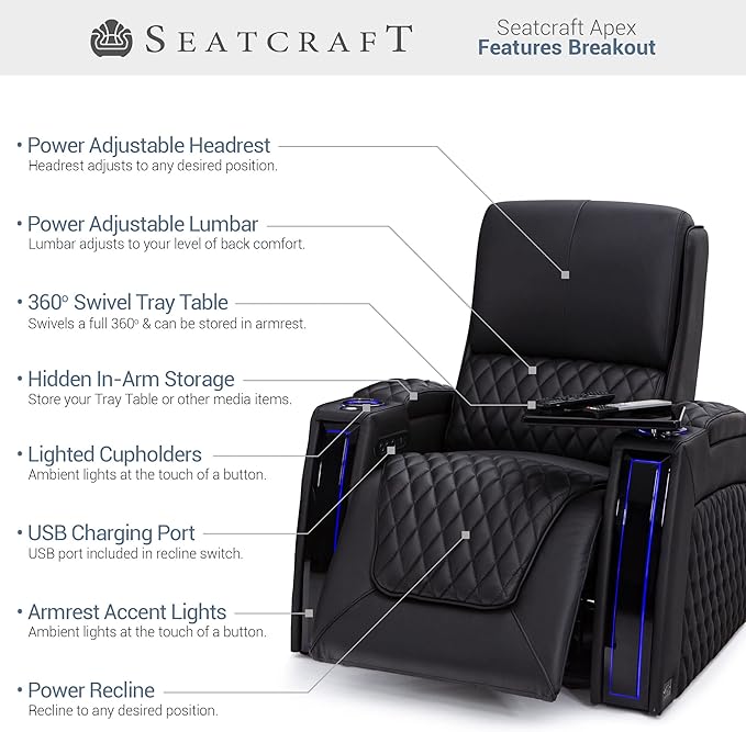 Seatcraft Apex Home Theater Seating, Living Room, Powered Headrest, Powered Lumbar, Powered Recline, Italian Leather, USB Charging, Single Recliner, Black