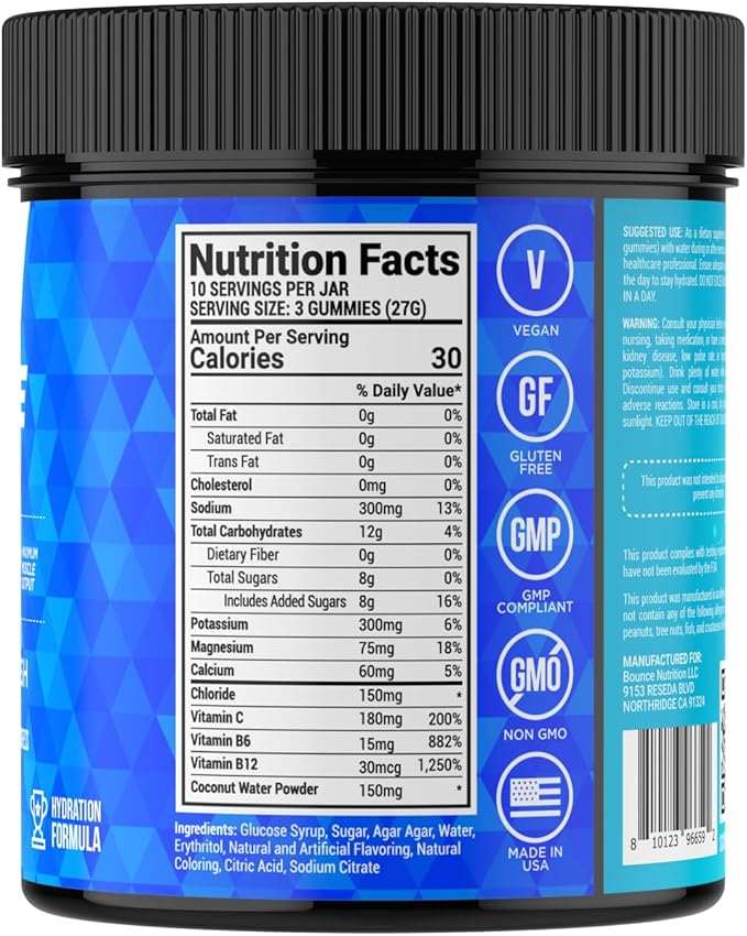 Bounce Pro Hydration Electrolyte Gummies – 30 Vegan Chewable Gummies with Sodium, Potassium & Magnesium for Running, Workouts & Endurance – No Sugar, Caffeine Free Electrolyte Chews, Blueberry Splash