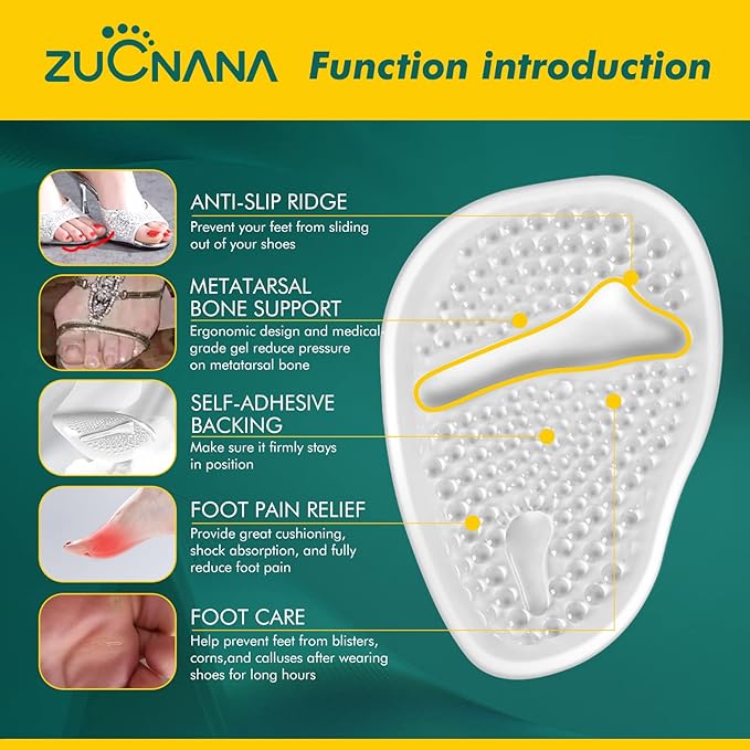 Metatarsal Pads Ball of Foot Cushions (6 Pairs), Non Slip High Heel Cushion Inserts Women, One Size Fits All Shoe Inserts for Women and Men, Reusable Foot Pads All Day Pain Relief and Comfort