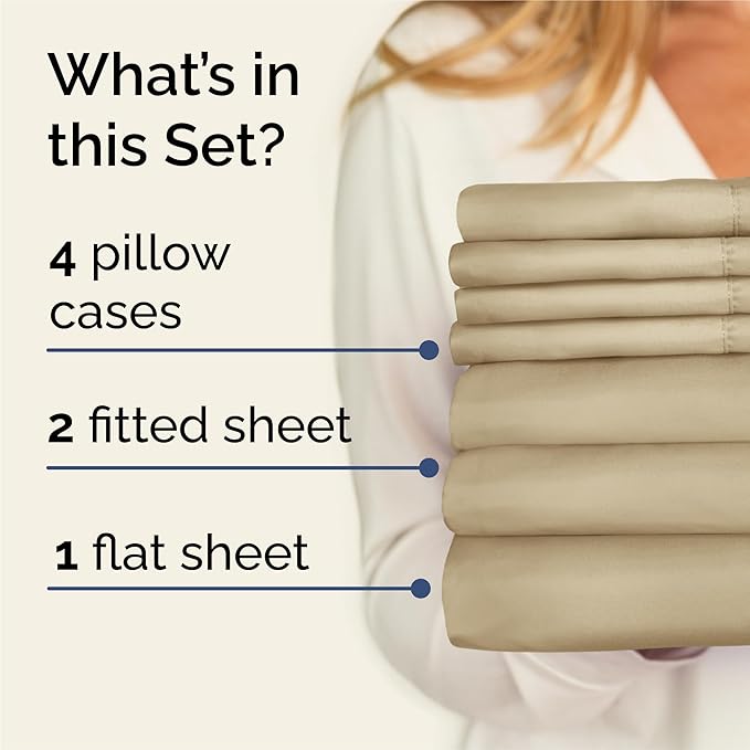 Split King 7 Piece Sheet Set - Cooling & Breathable Bed Sheets - Hotel Luxury Bed Sheets for Women, Men, Kids & Teens - Deep Pocket Bedding w/Easy Fit - Soft & Wrinkle Free - Split King Beige Sheets