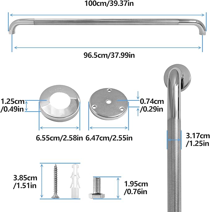 Shower Grab Bar, 2 Pack 39.4 Inch Bathroom Grab Bar, 1.25" Diameter 304 Stainless Steel Anti-Slip Grab Bars for Bathtubs and Showers, Handicap Shower Grab Bar for Seniors Elderly
