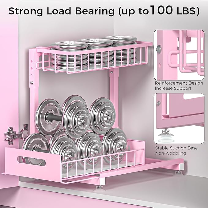 2 Pack Pro Under Sink Organizer Storage: Premium Metal 2-Tier Pull-Out Wire Basket Organizer, L Shape Height Adjustable, Easy Installation | Kitchen & Bathroom Cabinet Organizers