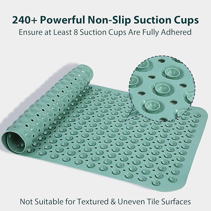 Large Shower Mat 21.5x33.5 Inch Mars Green, Soft Non Slip Shower Mats for Inside Shower with Big Suction Cups Drain Holes, Extra Large Bath Bathtub Mat Floor Stall Mats, BPA-Free, Easy Clean