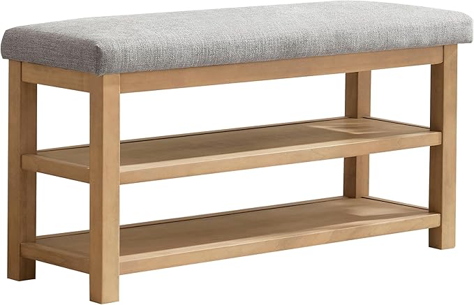 2 Tier Shoe Rack Bench with Cushion, Solid Wood Shoe Benches, Mid-Century Modern Shoe Storage Bench for Entryway, Hallway, Living Room, Closet, Front Door Entrance, (Grey, 39.4")
