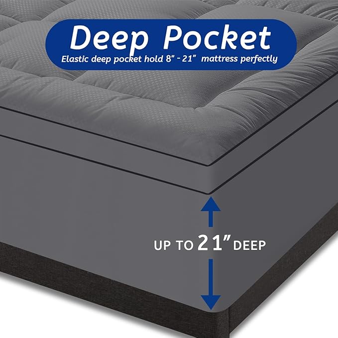 Twin XL Mattress Topper for Back Pain, Cooling Extra Thick Mattress Pad Cover with 8-21 inch Deep Pocket, Plush Pillow Top Mattress Topper Overfilled with Down Alternative, Twin Extra Long, Dark Grey