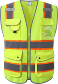 JKSafety 9 Pockets Hi-Vis Neon Yellow Color Zipper Front Safety Vest with Fluorescent Orange Extend Edge outlining the Reflective Tapes Meet ANSI/ISEA Class 2 Standard (901-Yellow, Medium)