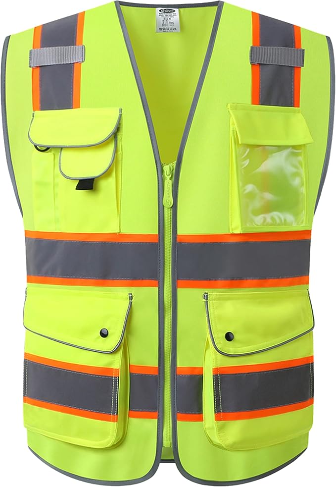 JKSafety 9 Pockets Hi-Vis Neon Yellow Color Zipper Front Safety Vest with Fluorescent Orange Extend Edge outlining the Reflective Tapes Meet ANSI/ISEA Class 2 Standard (901-Yellow, Large)