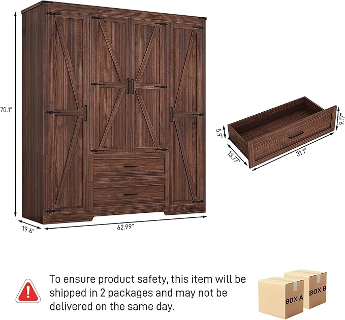 4 Doors Wardrobe Armoire Closet with Doors and Drawers, Farmhouse Wooden Armoire Storage Cabinet with Shelves & Hanging Rod for Bedroom, Brown