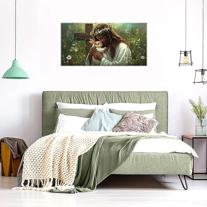 Green Jesus Love Wall Art for Bedroom Canvas Painting Prints GOD Embrace Rabbit Bunny Spiritual Faith Crucifix Cross Vintage Art Deco Spring Artwork Office Farmhouse Decor