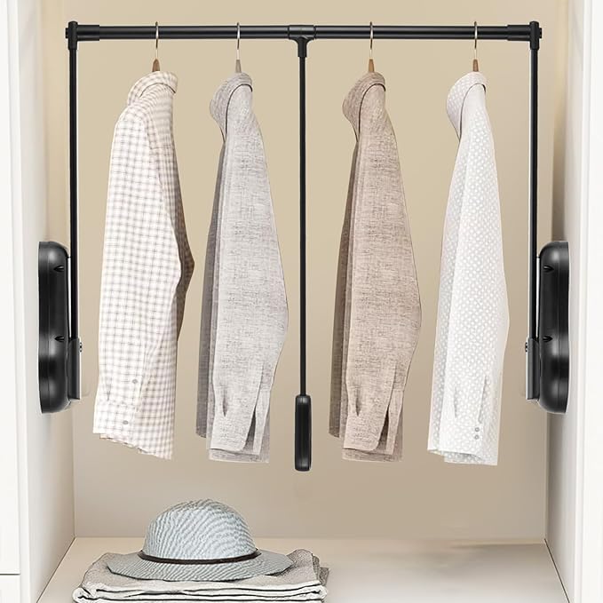 YJINGRUI Pull Down Closet Rod, 120° Pull-down Wardrobe Hanger with Lift Damping System, 55lb Adjustable Clothing Rack for Cloakroom/Bedroom/Balcony (33.4"-45.3")