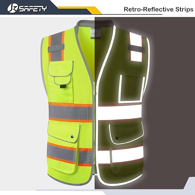JKSafety 9 Pockets Hi-Vis Safety Vest Breathable Mesh Fabric Cushioned Collar Work Utility PPE Lightweight Industrial Work Gear ANSI/ISEA compliant (101-Yellow M)