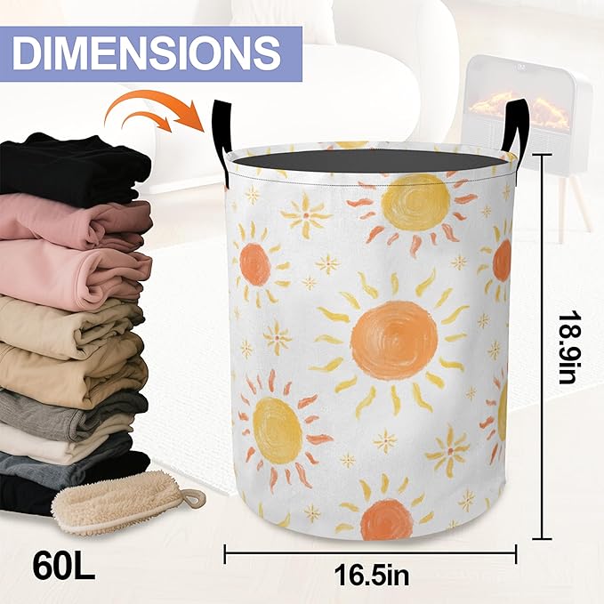 Boho Sun Laundry Hamper Large Canvas Fabric Lightweight Storage Basket/Dirty Clothes Collapsible Waterproof for College Dorms, Boys and Girls Bedroom,Bathroom