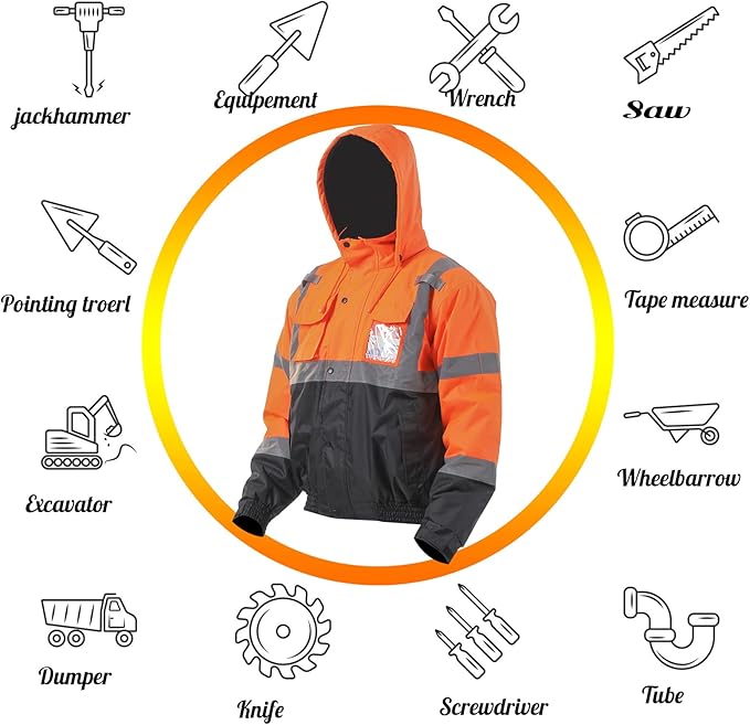 sesafety Reflective Jacket for Men, High Visibility Jackets, Safety Jackets for Men, Hi Vis Construction Bomber Jackets Waterproof with Pockets and Zipper, Black Bottom, Class 3