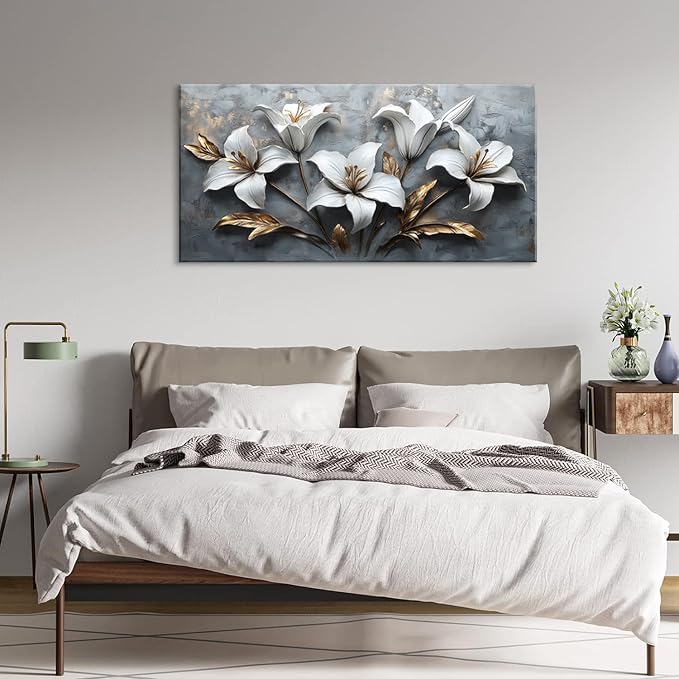 White Flowers Wall Art for Living Room Canvas Painting Prints Beautiful Floral Gold Leaves Gray Modern Artwork Office Bedroom Girls Decor Extra Large