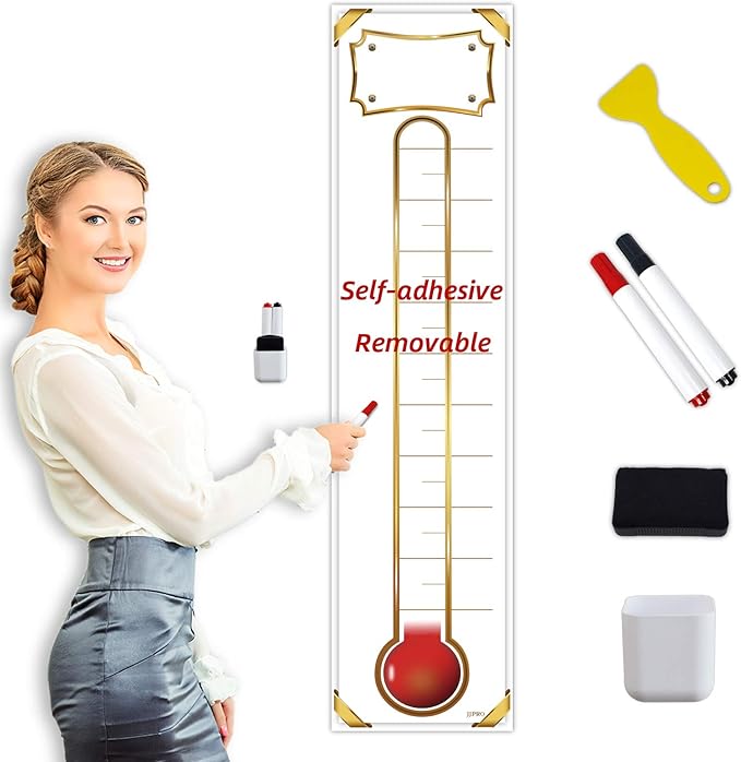 Fundraising Thermometer Chart Goal Tracker Decal - 48"x12" - Dry Erase Goal Setting Wall Poster Thermometer - Removable Giant Sales Goal Vinyal Sticker
