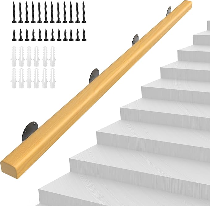8FT Wooden Stair Handrails,Hand Railings for Stairs Indoor Outdoor Wall Mount Support Wood Handrails,Non-Slip Sturdy Staircase Handrail Safety Grab Bar Rod Complete Kit for Home,Lofts,Guardrail