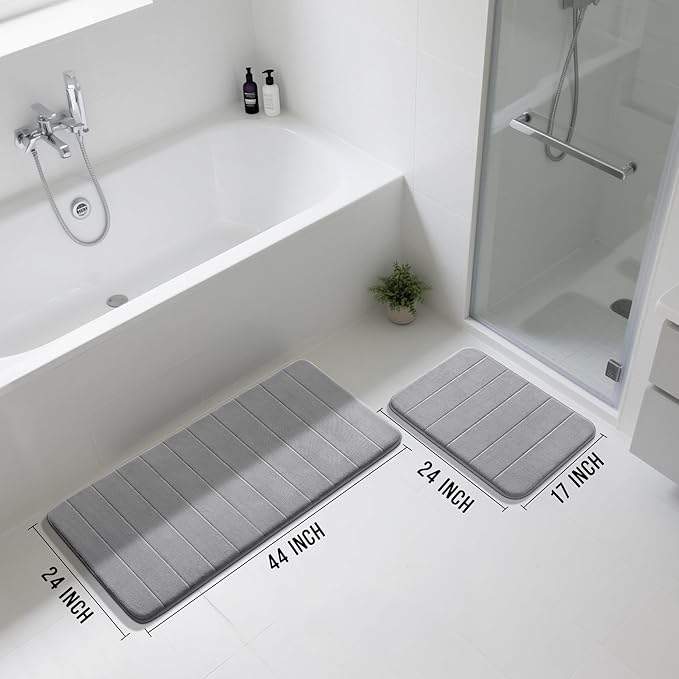 Yimobra Large Bath Mat Set 2 Piece- Super Soft Absorbent Quick Dry Memory Foam Bathroom Rugs, Machine Washable Non Slip Floor Carpet for Tub Shower & Double Vanity (17x24 & 44x24, Gray)