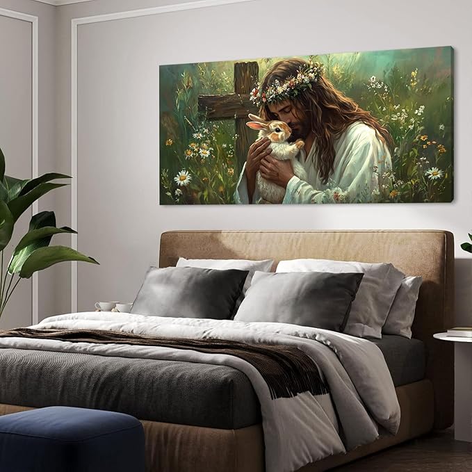 Green Jesus Love Wall Art for Living Room Canvas Painting Prints GOD Embrace Rabbit Bunny Spiritual Faith Crucifix Cross Vintage Art Deco Spring Artwork Office Bedroom Farmhouse Decor Extra Large