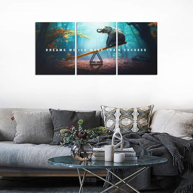 Unbruvo Elephant Wall Art for Office, Motivational Inspirational Canvas Wall Art, 3 Pieces Elephant Painting Prints Wall Decor for Living Room Bedroom Classroom Dorm(60”Wx28”H)