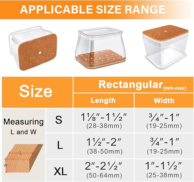 24 Pcs Chair Leg Floor Protectors for Hardwood Floors Rectangle Silicone Covers to Protect Wood Tile Floors Felt Pads Furniture Leg Caps Anti-Scratch Reduce Noise,(Fit L:1-1/2" to 2",W:3/4" to 1")