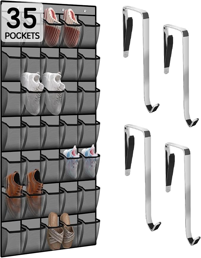 35 Compartment Over The Door Storage - Breathable Mesh Hanging Organizer with Large Pockets, Space Saving Design for Men & Women's Footwear, Closet, Bedroom (Gray)