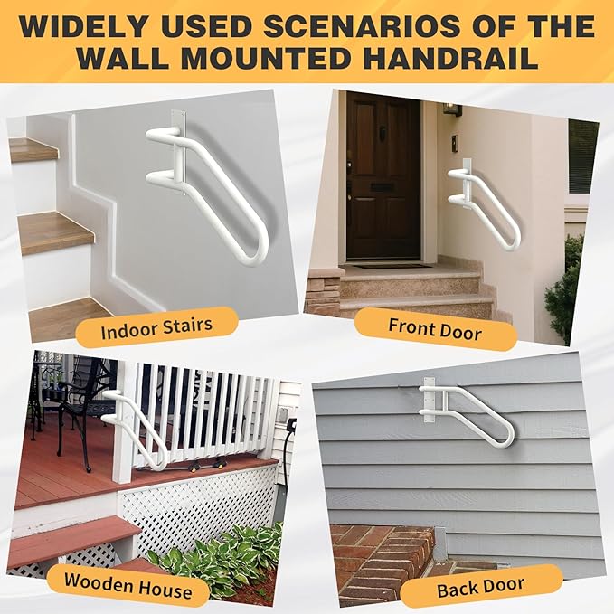 Right Side Wall Mounted handrail, Garge Door Stair Railing for 1-3 Steps(Polished White, Right Side, 230LBs Loading)