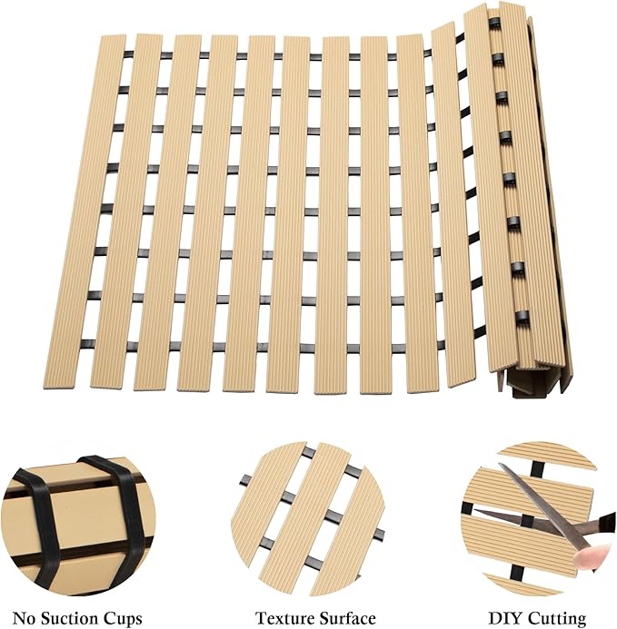 Non Slip Large Shower Mat(35.4"*23.6"),Non Suction Cups Shower Mats for Inside/Outside Shower, Heavy Duty Rubber Walk in Shower Mat for Elderly (Apricot)