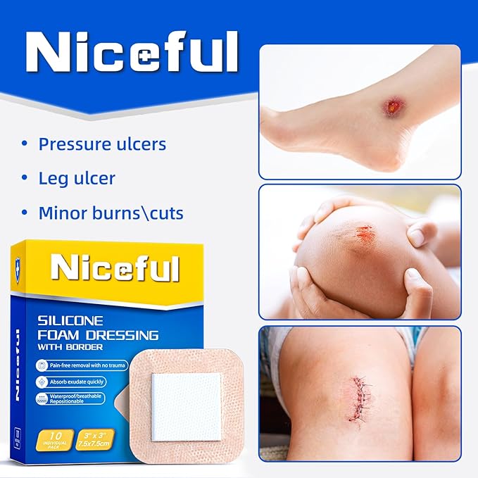 Silicone Foam Dressing 3 x 3 in (7.5x7.5 cm)- Ultra Soft Wound Dressing for Minor Surgical Incisions, Abrasions and Blisters, Waterproof Silicone Bandages for Sensitive Skin Wound Care(10 Pcs)
