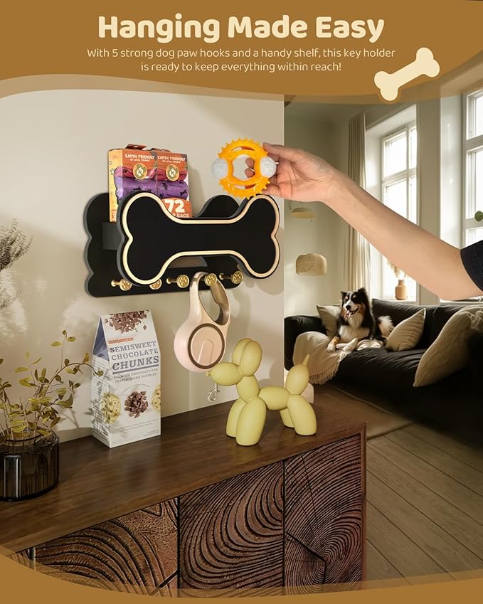 MTERSN Decorative Dog Leash Holder for Wall - Dog Stuff Organizer and Doggie Bone Key Holder Wall Mount with 5 Cute 3D Puppy Paw Hooks & Storage Shelf - Apartment Essentials (Black)