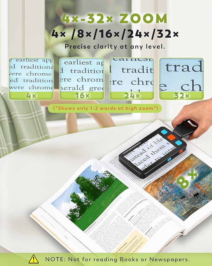 5.0 Inch Portable Digital Magnifier, 4X-32X Zoom Electronic Reading Aid with Foldable Handle for Low Vision/Seniors/Kids, Ideal for Quick Reading – Not Recommended for Long Books or Novels