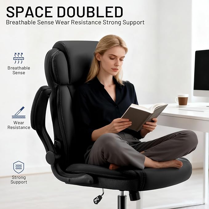 Ergonomic Office Chair with High Back Headrest, PU Leather Executive Desk Chair - Padded Flip-Up Armrests, Lumbar Support, Swivel Computer Chair for Home Office & Gaming, Black