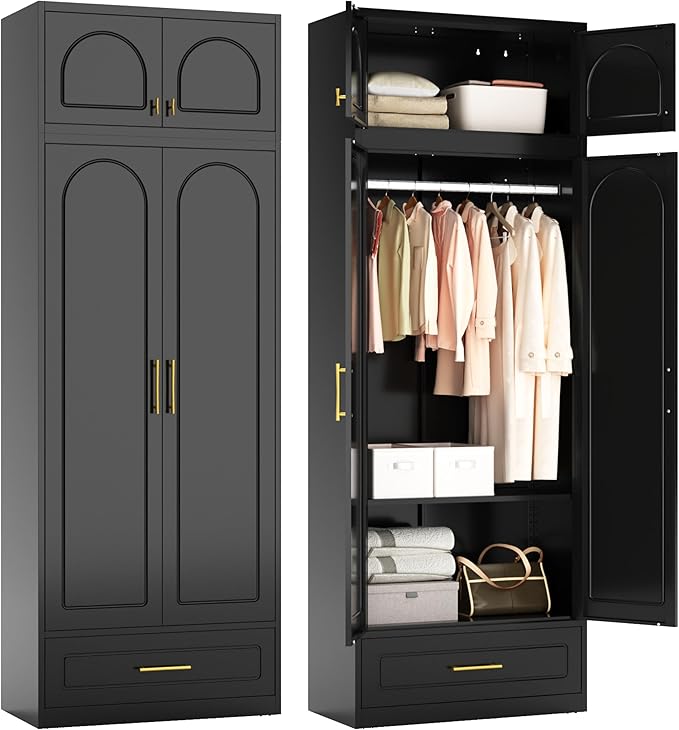 Metal Armoire Wardrobe Closet witih Drawer, Freestanding Wardrobe Cabinet with Hanging Rod, Clothing Storage Cabinet with Doors for Bedroom, 18" D x 32" W x 86" H, Black, Assemble Required