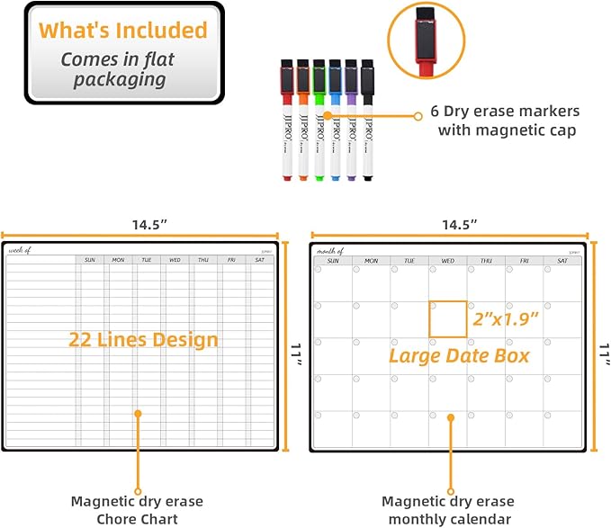 JJPRO Magnetic Dry Erase Chore Chart and Monthly Planner Whiteboard Bundle for Fridge - Chore Chart for Multiple Kids, Monthly Calendar, Behavior Chart, Reward Chart, 6 Markers