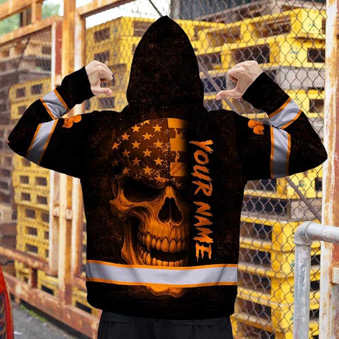 Matedecor Skull US Flag Reflective High Visibility Hoodie For Men Construction Hi Vis Safety Workwear Custom Name