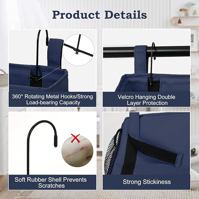 Surblue Bedside Organizer with Hook Bedside Caddy Hanging Storage Bag with Adjustable Straps and Water Bottle Holder for Home College Dorm Bunk Bed Accessories, Crib Bed Rails, Hospital Bed,Navy,2PCS