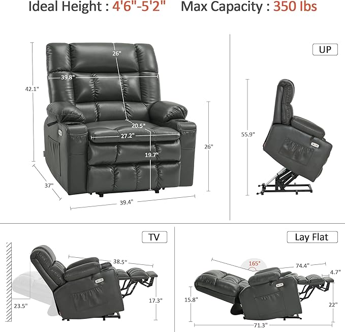 MCombo Dual Motor Power Lift Recliner Chair for Elderly, Lay Flat Lift Chair with Heat and Massage, Petite Wide Lift Chair, Cup Holders, USB A&C Ports, Faux Leather R7894 (Grey, Small-Wide)