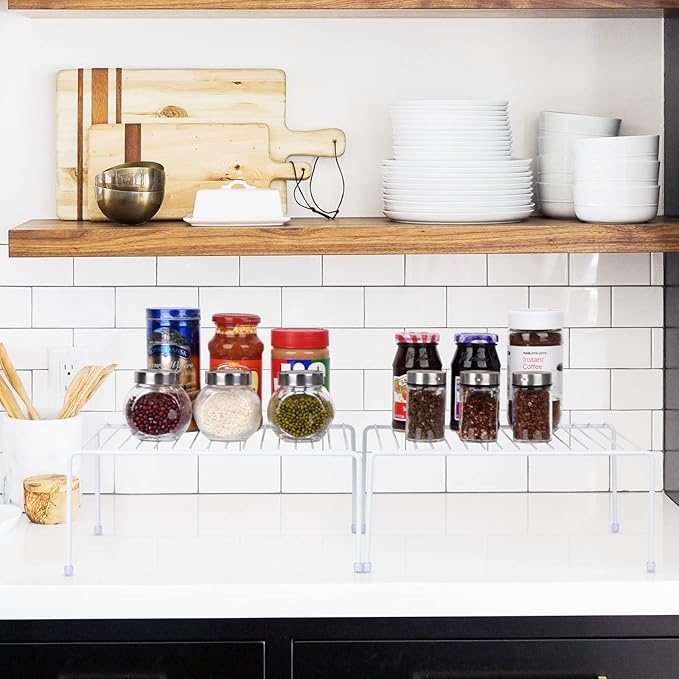 SIBAO Kitchen Cabinet Storage Shelf Rack/Plastic Feet - (13.1 x 10.2 Inch) - Steel Metal - Rust Resistant Finish - Cups, Dishes, Cabinet & Pantry Organization (4, White)