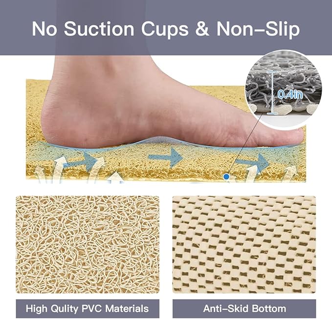 Shower Mat Non Slip,Soft Bath Mat with Drain,Quick Drying PVC Loofah Bathtub Mat for Bathroom,Without Suction Cups,24 x 24 Inch (Beige)