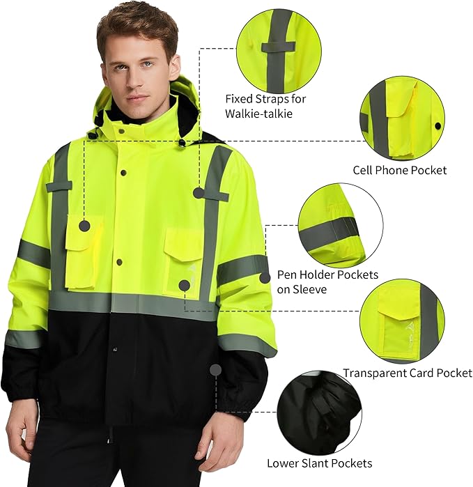 Hi Vis Safety Jackets for Men Waterproof Class 3 Reflective Construction Jacket for Winter Bomber Jacket