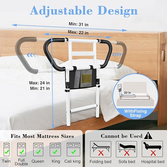 Bed Rails for Elderly Adults Safety: Adjustable Bedside Assist Rails with Storage Pockets, Non-Slip Handles, Motion Sensor Light, Items for Elderly Bed Rail, 400LB Gravity Capacity